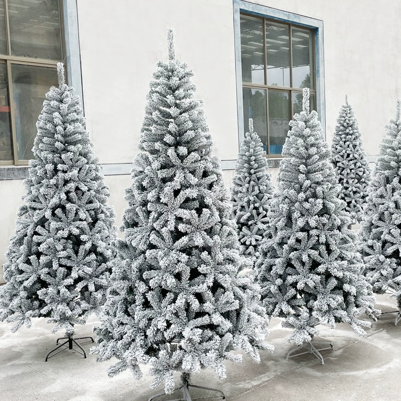 Flocked PVC Christmas tree, снеговая поверхность, бархат/облысевшие варианты, высоты 1.2–4.0 м