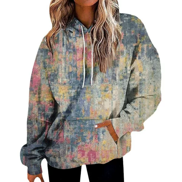 2025 Cross-Border European and American Women's Hooded Sweatshirt Loose Retro Graffiti Gradient Color Long-Sleeved Warm Casual Top