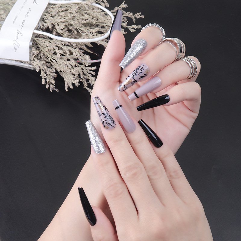 Lotus color 24 long ballet armor glitter powder silver onion powder leaves flower pattern long nail art patch wear nail art