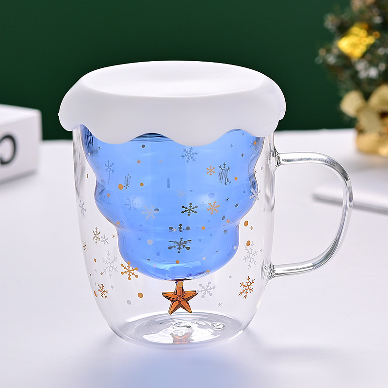 Taza de Navidad personalizada de doble capa con taza de café de tapa taza de vidrio de alta borosilicona taza de alta temperatura alta tasa de valor facial