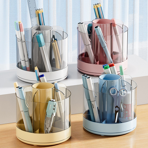 Transparent 360-degree rotating pen container storage box desktop pen container girls children stationery storage cylinder multifunctional pen barrel