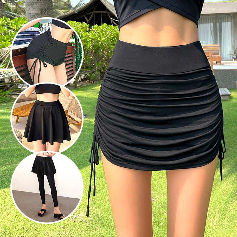 Swim Skirt with Separate High-Waisted Conservative Slimming Shorts for Women, Anti-Exposure Short Skirt, Hot Spring Black Shorts