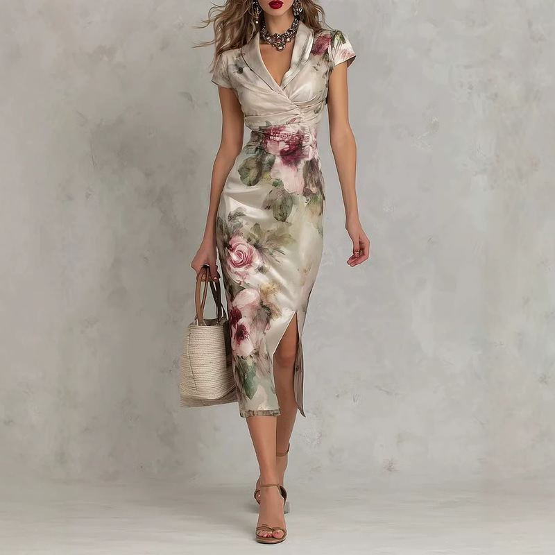 Elegant European and American style long dress in ivory satin with floral print and a turn-down collar, new model for cross-border independent e-commerce Elegant European and American style long dress in ivory satin with floral print and a turn-down collar, new model for cross-border independent e-commerce