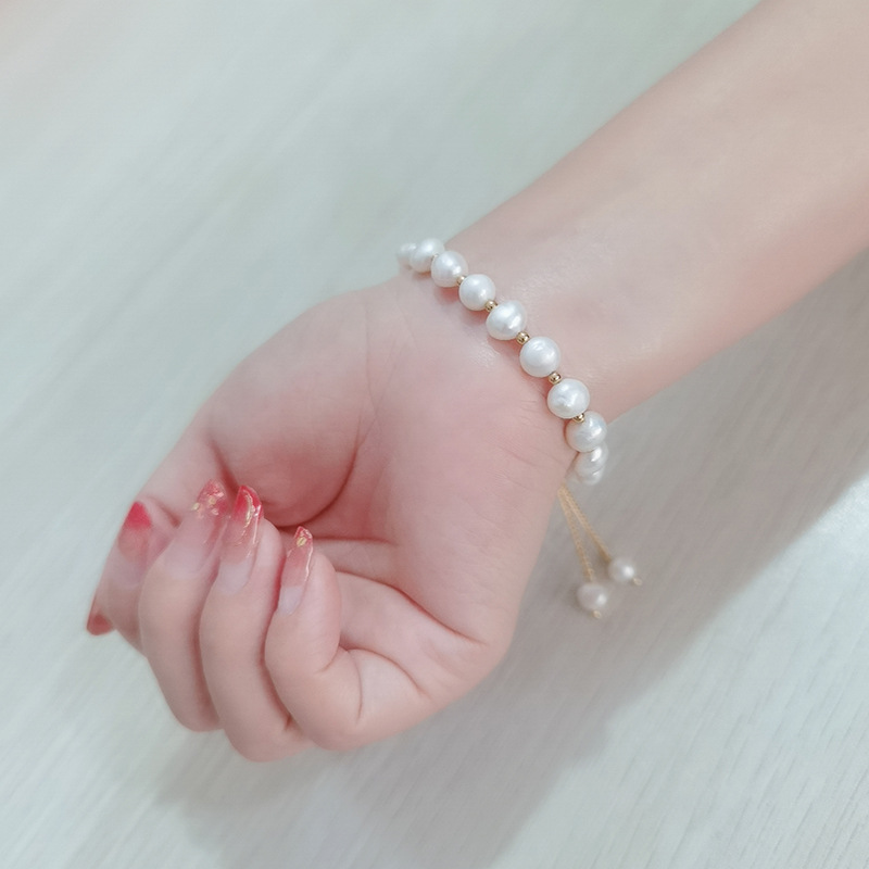 Freshwater Pearl, Steel Material Round Pattern Sweet Round Freshwater Pearl Steel Chain Bracelets
