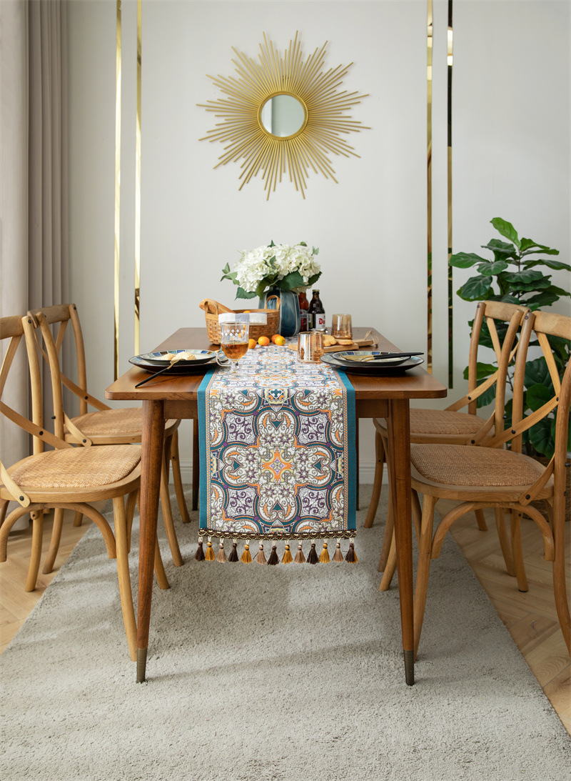 American Retro Jacquard Table Runner With Tassels Ethnic Style_voghion.com