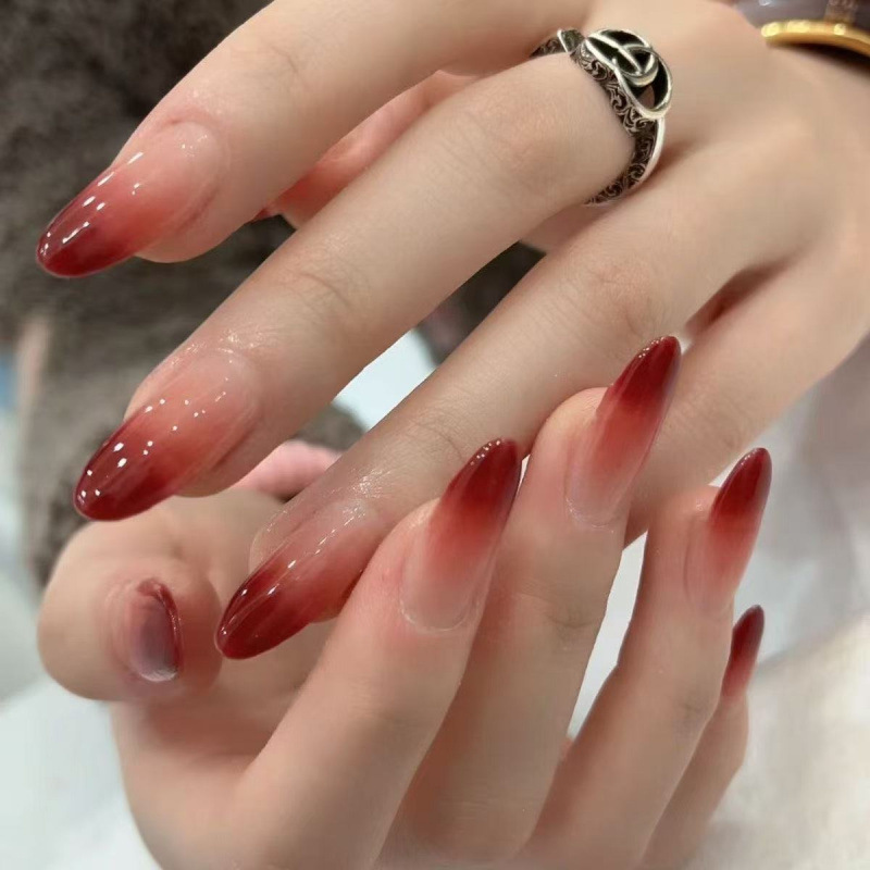 Internet Celebrity Elegant Berry Red Gradient New Year Red Manicure Spring and Summer Handmade Long Wearable Nails Whitening Fake Nails