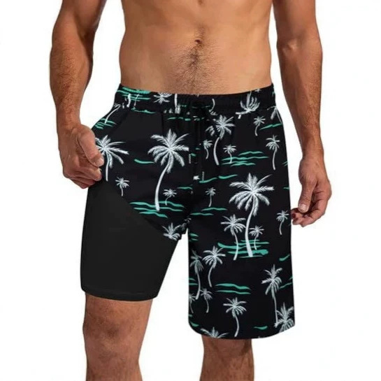 Men's Swim Trunks with Compression Liner, Quick-Dry Beach Shorts with Pockets, Swimwear, Sizes S-2XL