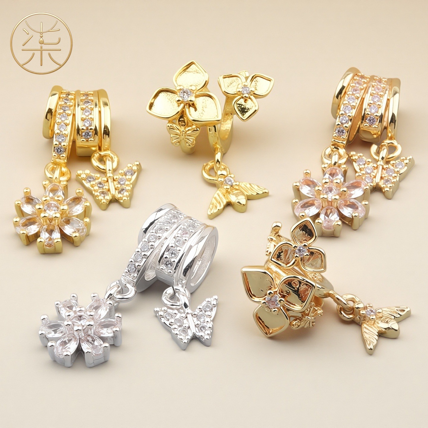 18K铜镀金高保色镶锆石蝴蝶蜜蜂花瓣滴溜隔珠diy手工挂件饰品配件