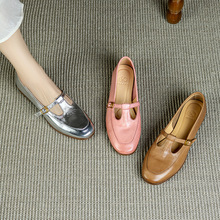 软牛皮单鞋女平跟女鞋春季甜美时尚T型带圆头丁字扣平底玛丽珍鞋