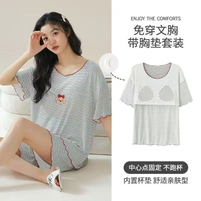 Venta al por mayor transfronteriza con almohadilla para el pecho pantalones cortos de manga corta pijamas mujer verano hielo hilo hilo hilo traje de servicio a domicilio casual pedido extranjero