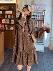 特大码300斤胖MM美拉德咖色碎花连衣裙女春秋绝美韩系鱼尾小裙子