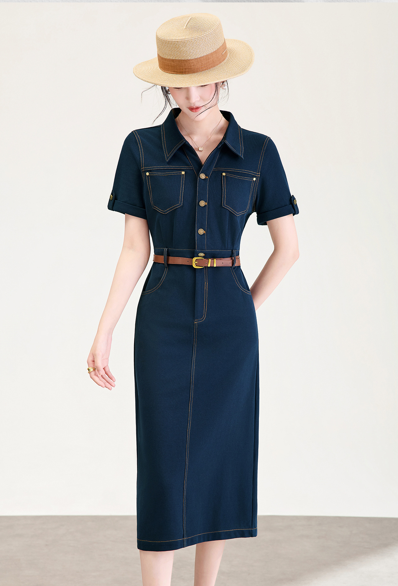 Đầm denim nữ cổ V eo cao tay ngắn dáng ôm — xanh lam chi tiết 2