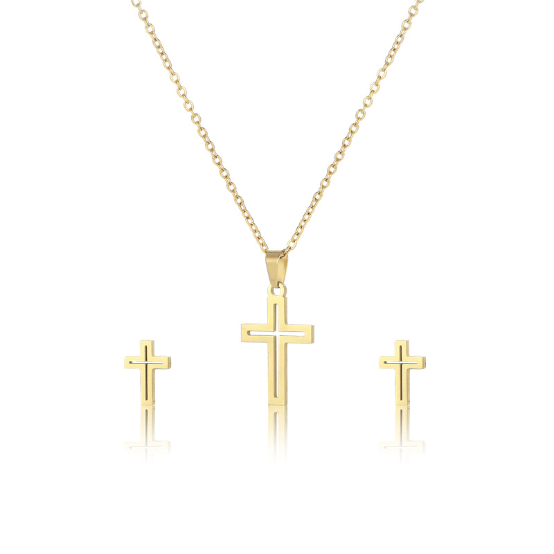 Simple Hollow Glossy Stainless Steel Cross Necklace Earrings Set Wholesale Nihaojewelry display picture 1