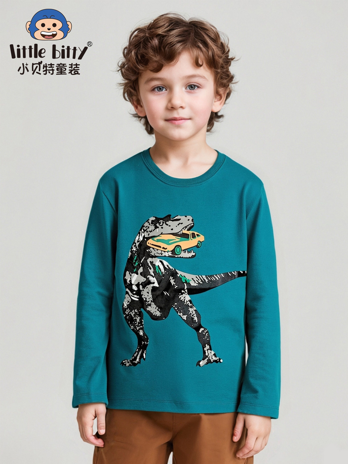 2025 New Autum Kidsren's Clothing Boys' Long-Sleeved T-Shirts Fashionable European and American Style Cartoon Dinosaur Factory Direct Hair