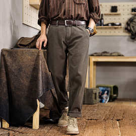 美式简约纯色工装裤男秋冬新款百搭直筒休闲裤重磅纯棉宽松锥形裤