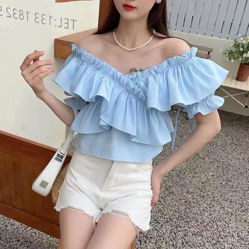 2025夏季新款韩版甜美荷叶边松紧一字肩短袖显瘦衬衫女一字领上衣