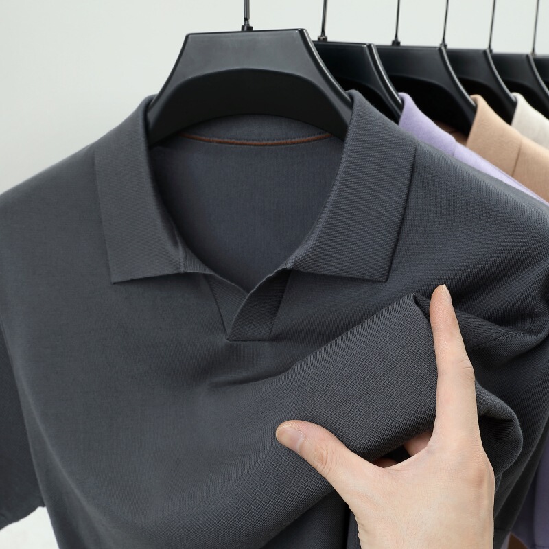 Men's Summer T-Shirt, Silk-Blend Knit, Seagull Collar, Short-Sleeve, Solid Color, Business Old Money Style Polo Shirt