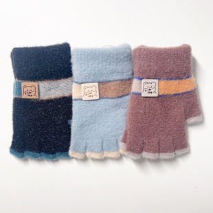 Children's gloves autumn and winter warm wool knitted cute plush elementary school students learn to write new half finger gloves