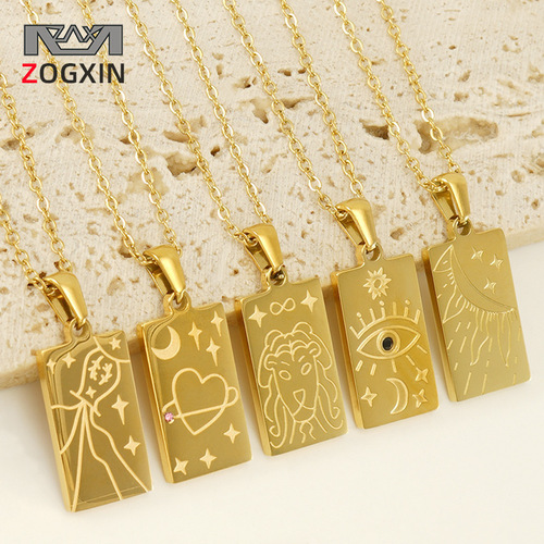 Cross-border 18K stainless steel tarot card signet necklace for women, personalized fashionable titanium steel square pendant necklace jewelry