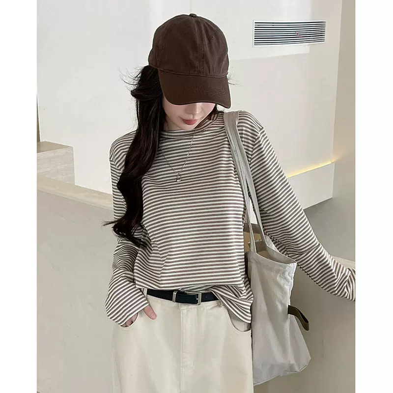 韩系条纹长袖t恤女秋季2025新款慵懒风松弛感穿搭宽松打底衫上衣