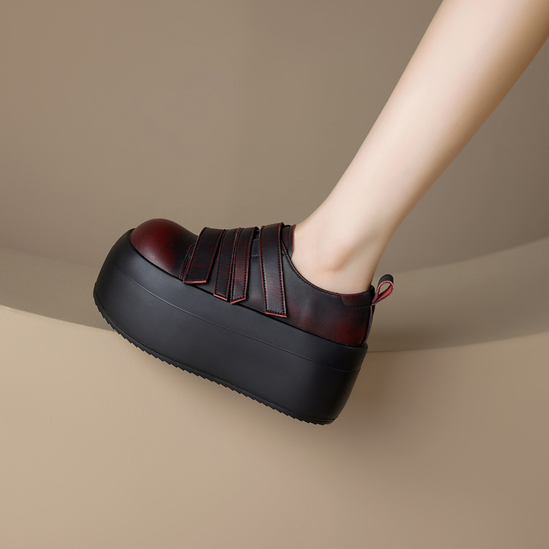 Giày loafer da thật đế xuồng cao 8cm, cổ miệng sâu, khóa Velcro tiện lợi — Màu đen, Màu đỏ