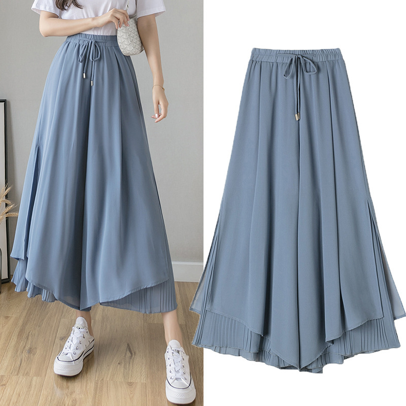 6287 # Spring and Summer New High-Waisted Culottes, Loose, Slim and Drapey, Elegant Nine-Point Chiffon Pleated Wide-Leg Pants for Women