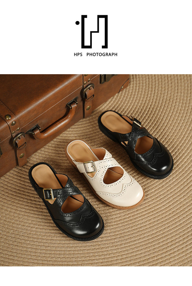 Dép sandal nữ da bò mũi trùm đế bằng, quai chéo chạm trổ cổ điển — đen chi tiết 12
