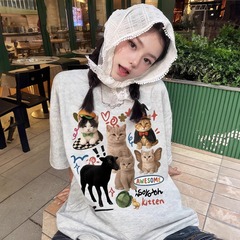 グレー半袖 Tシャツ女性のための 2025 新しい純粋な綿半袖夏アメリカンハイストリート怠惰なスタイルルーズで多用途なトップ