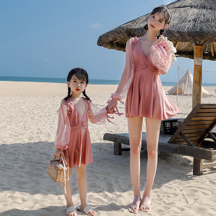 Korean Style Mesh Long Sleeve Women's Swimsuit Children's Baby Parent-Child Swimsuit Korean Style Pink Holiday Photo Parent-Child Swimsuit