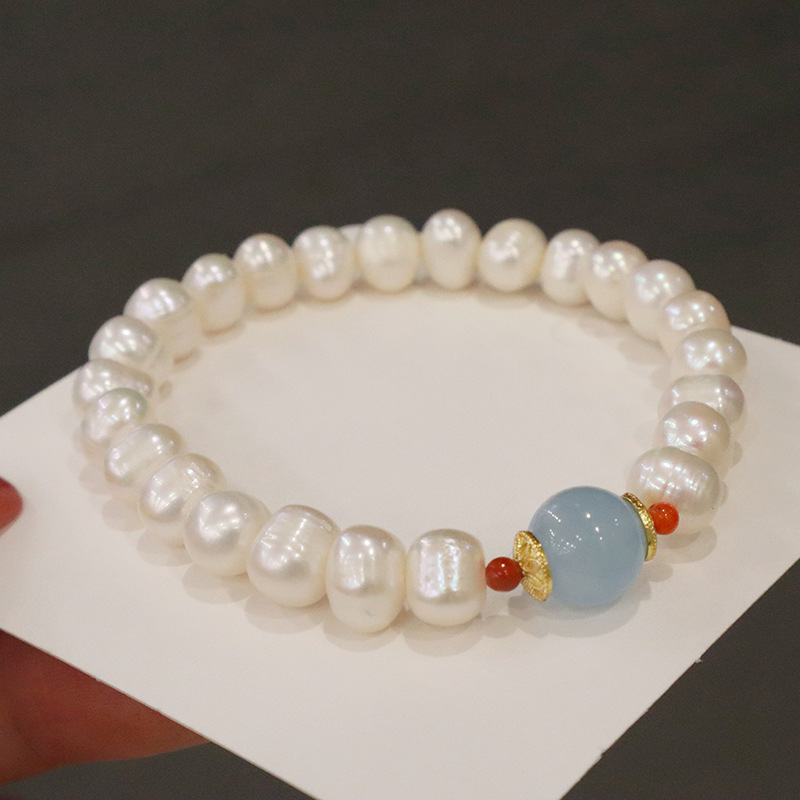 楕円形の特殊な形の淡水パールアクアマリンブレスレット、軽い贅沢、優しく甘い、シンプルでファッショナブルな気質の赤い瑪瑙ブレスレット|undefined