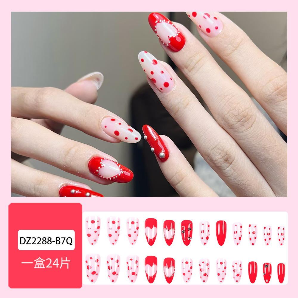 Dulce rosa rosa ondulado punto de perforación de uñas comercio exterior venta más vendidas amor desgaste de uñas 24 piezas de parche de uñas falsas image 3