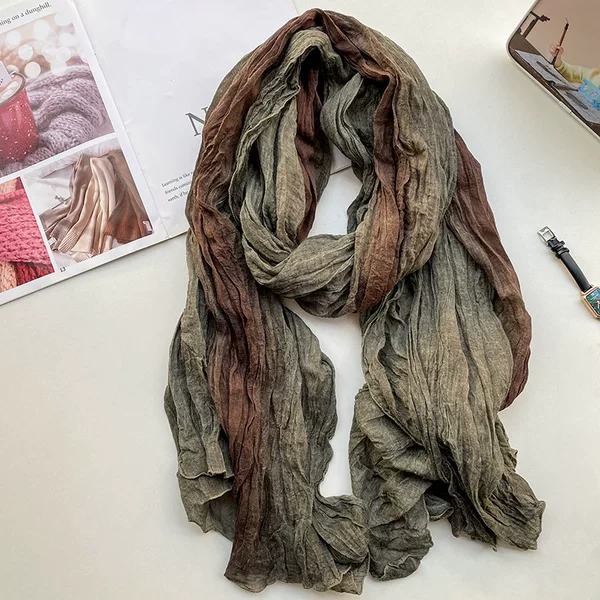 Retro ethnic style cotton and linen scarf women's tie-dyed long pleated gradient shawl Korean artistic fresh cotton scarf
