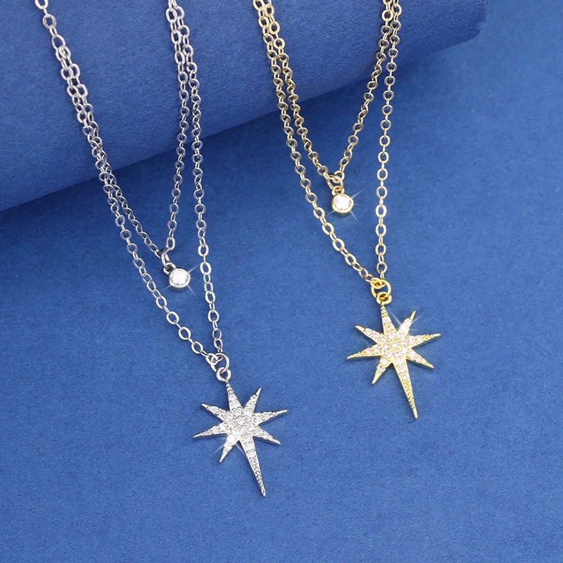 2026 Zinc Ore Eight-Pointed Star Double-Layer Clavicle Chain Necklace for Women, High-End Japanese and Korean Ins-Style Elegant Neck Chain Accessory