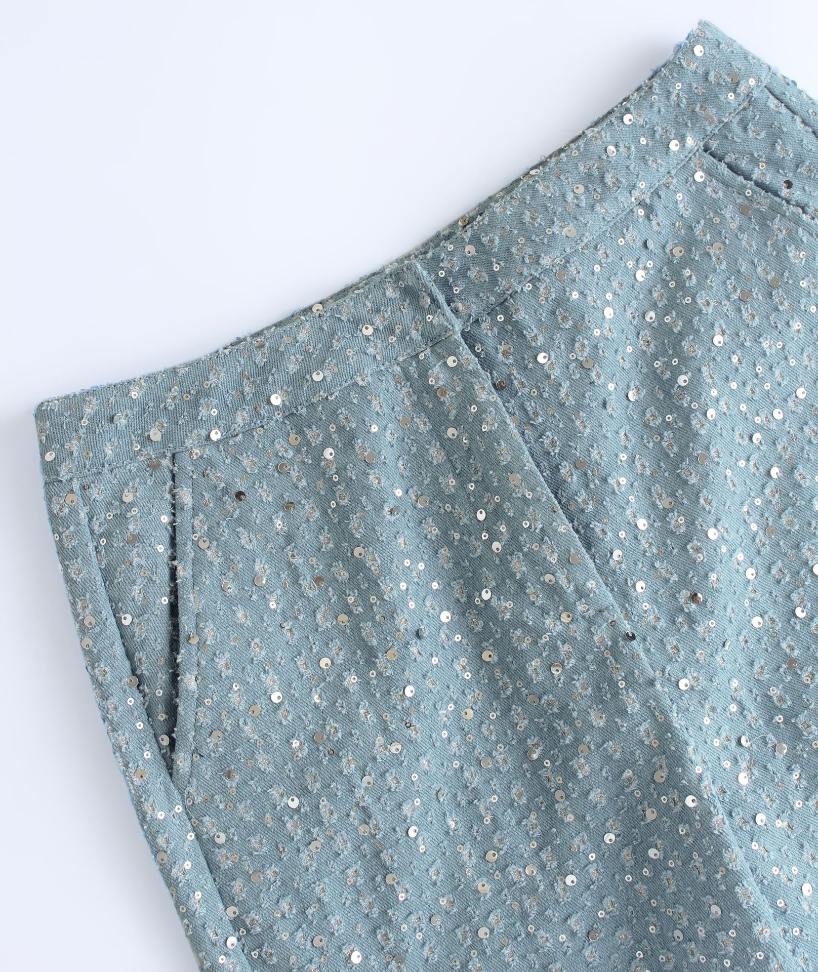 Spring Summer Denim Sequ Tube Top Wide Leg Pants Suit