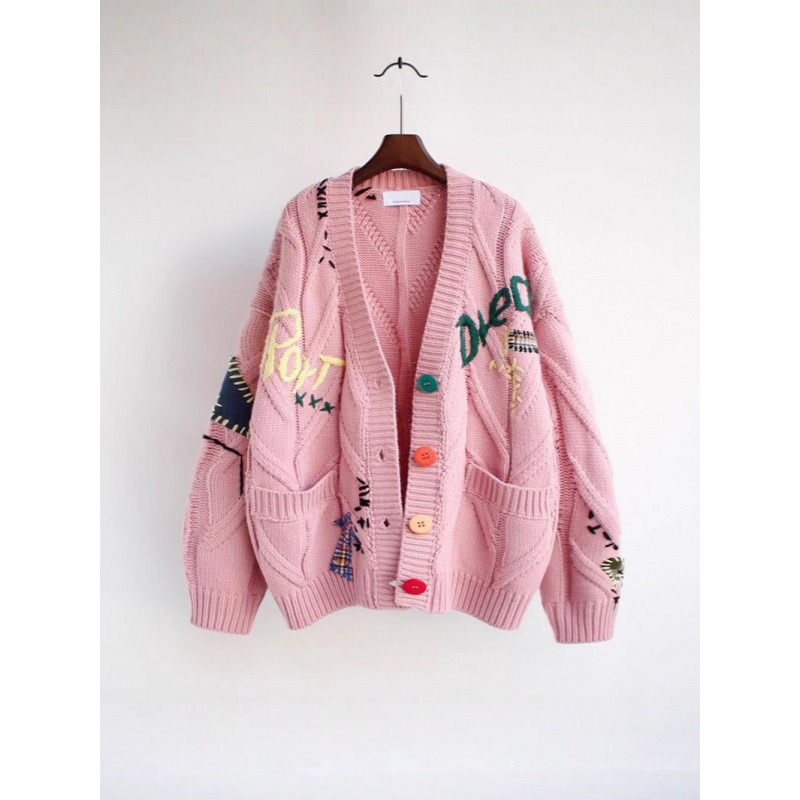ファッショナブルなレイジースタイルの女性用刺繍セーター2025年秋冬新作レターデザインルーズニットセータージャケットトレンディ|undefined
