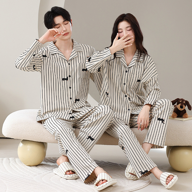 Autumn and Winter New Couple Pajamas Men's Lapel Cardigan Long-Sleeved Pants Cartoon Women's Home Clothes Set Cartoon