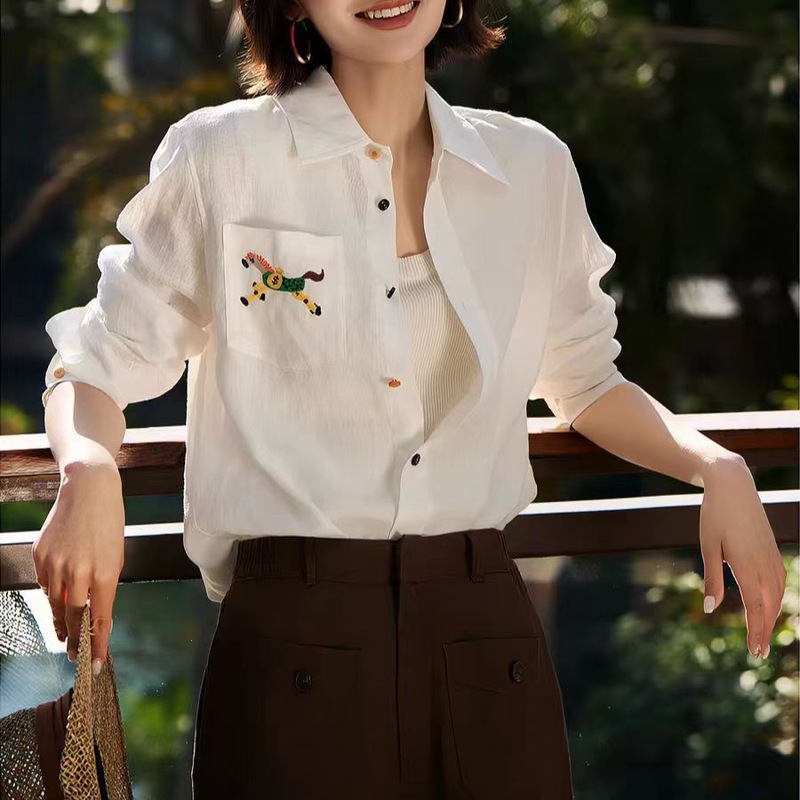 Old Money Style Linen Shirt_Rainbow Single-Breasted Shirt with Embroidered Pony Pocket, New Spring Style for Women