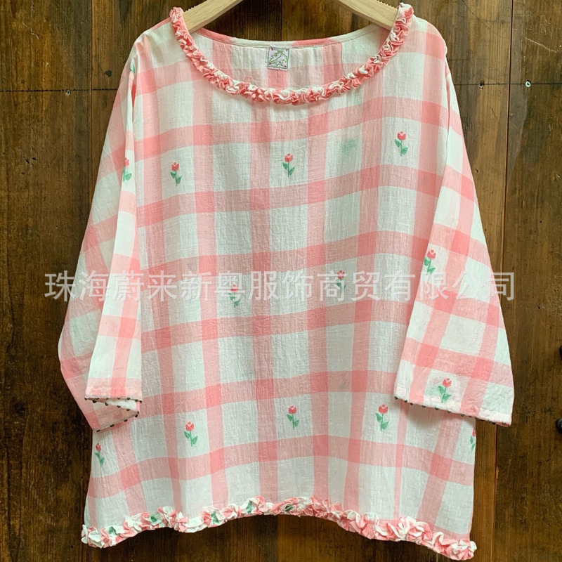 Indian Handmade Cotton Plaid Shirt for Women with Ruffled Edges, Pink Plaid, Tulip Embroidery, Three-Quarter Sleeves Top Sy335
