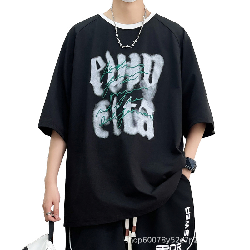 Summer New Short-Sleeve Men's Trendy Versatile Loose Fashion Crew Neck T-Shirt for Teenagers with Quarter Sleeves