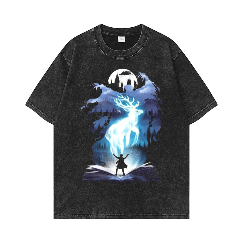 Harry Potter printed washed retro distressed T-shirt summer casual all-match fashion brand American loose digital direct injection Harry Potter printed washed retro distressed T-shirt summer casual all-match fashion brand American loose digital direct injection