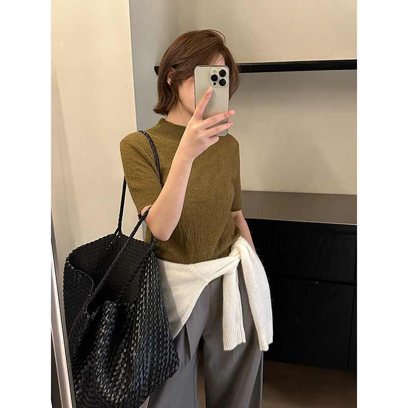MMC肌理感短袖针织衫女秋季新款韩系修身显瘦马海毛半高领打底衫|undefined