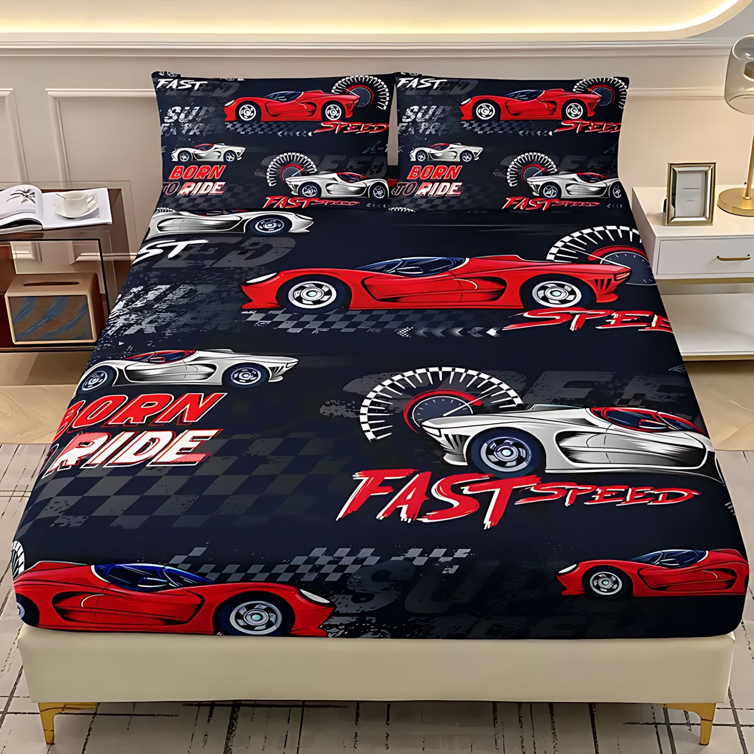 TEMU / JIT Cross-border neon luminoso coche deportivo 3D impresión digital cama gaza pillow kit para dibujar