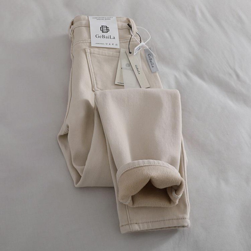 creamy-white Jeans Women's Loose Slimming Thin fleece-lined High Waist Women's Pants Small Feet Harlan Daddy Pants Women