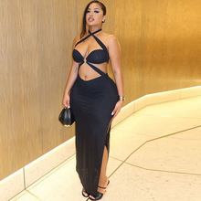 欧美风跨境时尚修身开叉包臀裙褶皱性感挂脖露背长连衣裙纯色女装