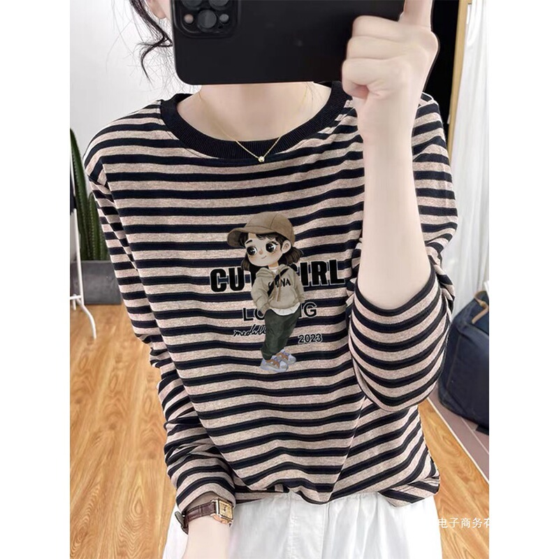 Striped design cotton long-sleeve t-shirt for women, Korean style, fashionable and versatile top, base shirt, 2026 new autumn and winter model Striped design cotton long-sleeve t-shirt for women, Korean style, fashionable and versatile top, base shirt, 2026 new autumn and winter model