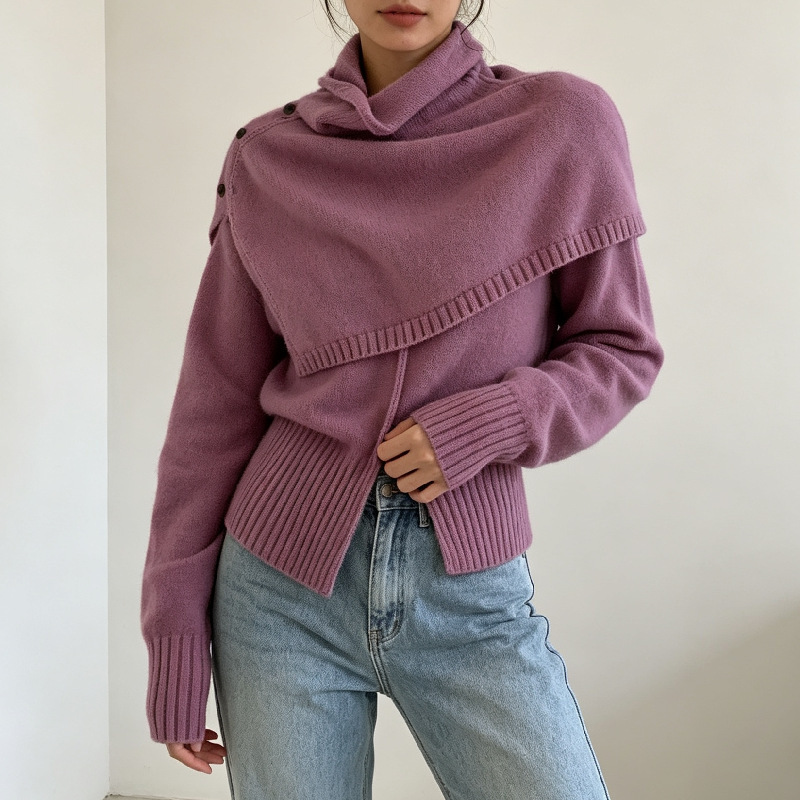 Korean-style autumn and winter new solid color turtleneck sweater with detachable shawl, women's elegant two-piece set Korean-style autumn and winter new solid color turtleneck sweater with detachable shawl, women's elegant two-piece set