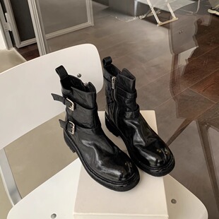 Ready Stock, Immediate Dispatch! Grape Mom's Same Style Shoes, Washed and Wrinkle-Free Cowhide Leather Belt Buckle, Chunky Heel, Thick Sole, Slim Short Boots for Autumn and Winter