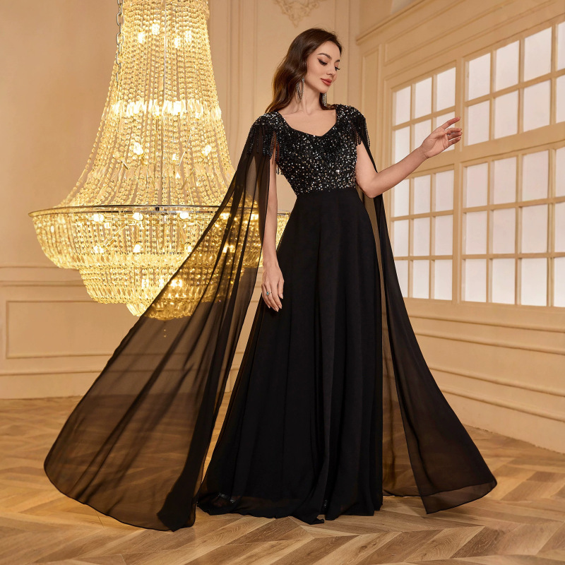 New Foreign Trade Women's Clothing V-Neck Top with Beaded Tassels and Sequin Patchwork Chiffon Evening Dress