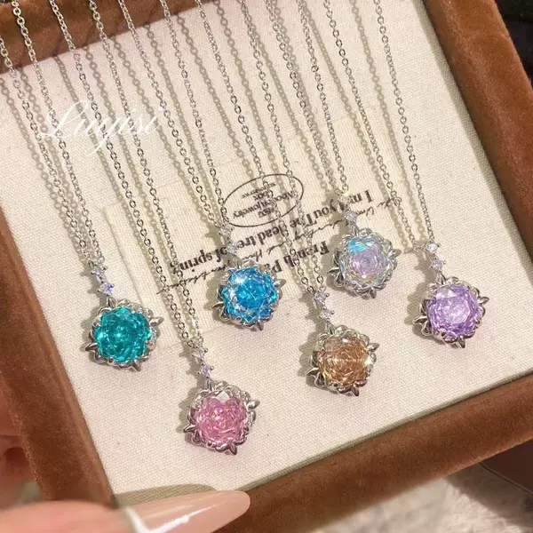 Eight-Sided Millennium Rose-Cut Ocean Blue Pendant with High-Carbon Diamond Inlay, Dazzling Gemstone Necklace, Rose Flower Personalized Clavicle Chain