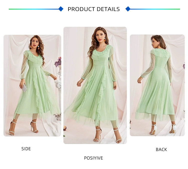 Gonna lunga in rete di pizzo girocollo abito a trapezio in rete a vita alta_voghion.com